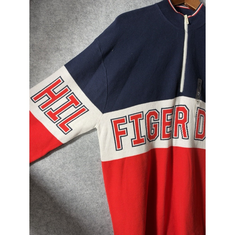 NWT Tommy Hilfiger Denim Oversize Sweater Mens M 1/4 Zip Spellout Red White Navy